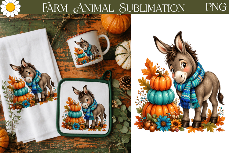 Cute Donkey Autumn Sublimation | Farm Animal Fall Design