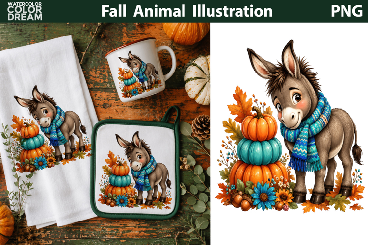 Cute Fall Donkey With Pumpkins | Autumn Animal Clipart