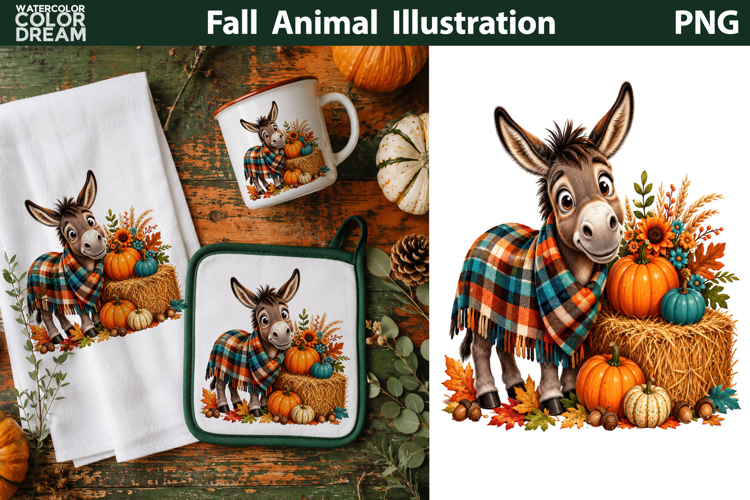 Cute Fall Donkey With Hay Bale | Autumn Animal Clipart