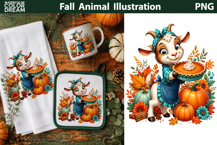 Cute Fall Goat With Pumpkin Pie | Autumn Animal Clipart