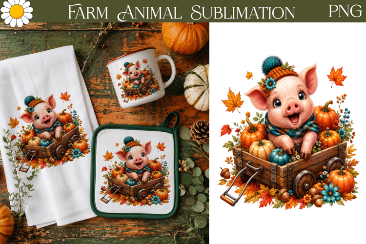 Cute Pig Pumpkin Cart | Fall Farm Sublimation Print