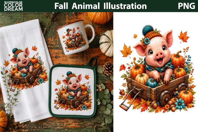 Cute Fall Pig In Wagon | Autumn Animal Clipart