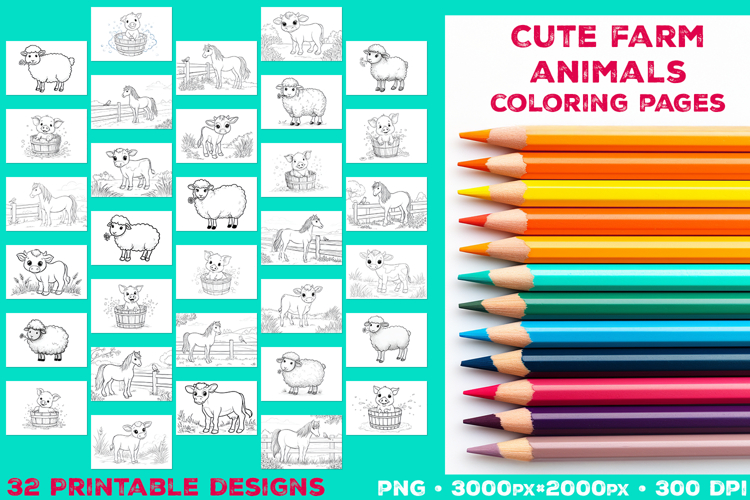 Adorable Farm Animal Coloring Page. Printable Animals Bundle