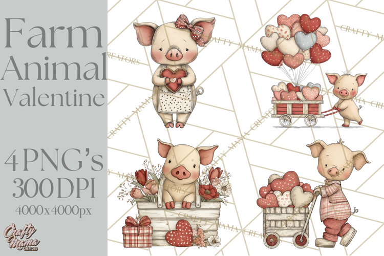 Valentine Farm Animal Clipart Pastel Country Watercolor PNG