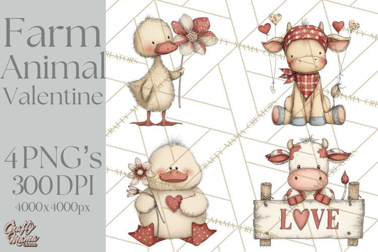 Valentine Farm Animal Clipart Pastel Country Watercolor PNG
