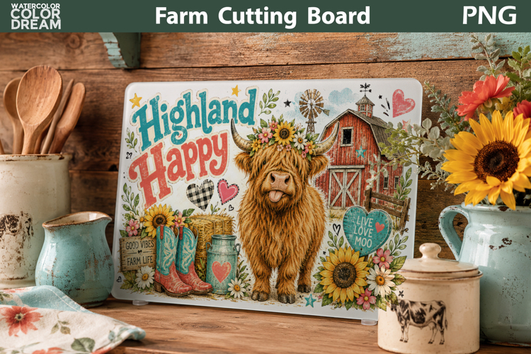 Highland Cow Cutting Board | Rustic Farm Sublimation