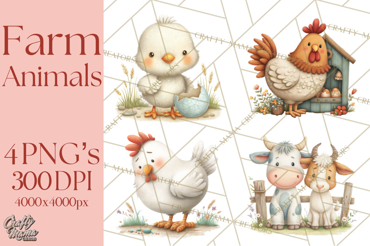 Farm Animals Clipart PNG, Cow Pig Sheep Horse Chicken Goat