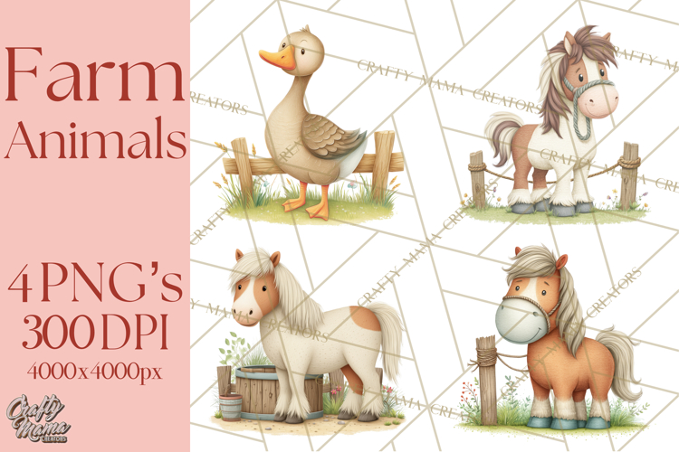 Farm Animals Clipart PNG, Cow Pig Sheep Horse Chicken Goat