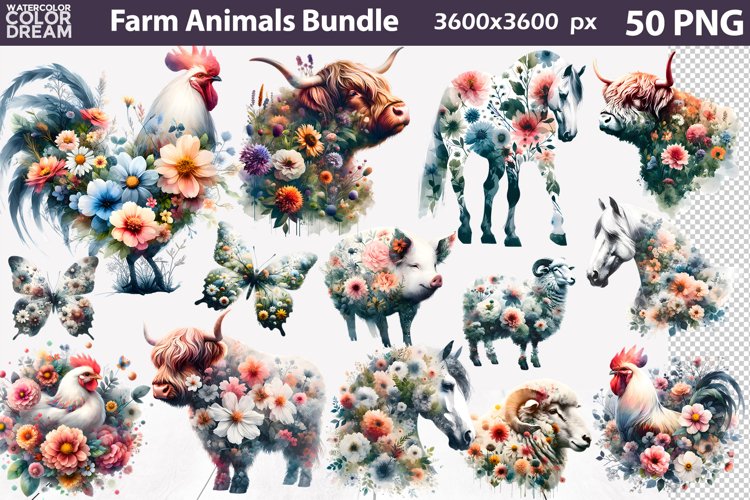 Farm Animals Flowers Bundle | Double Exposure Sublimation