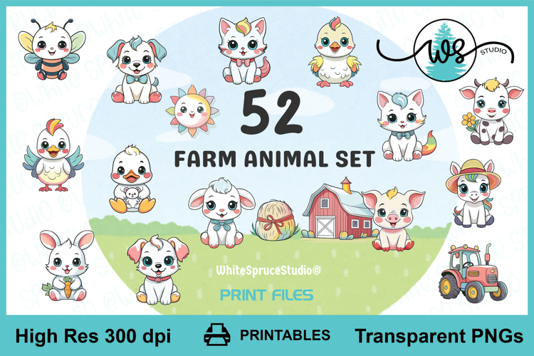 Baby Farm Animals Clipart Bundle PNG Printables