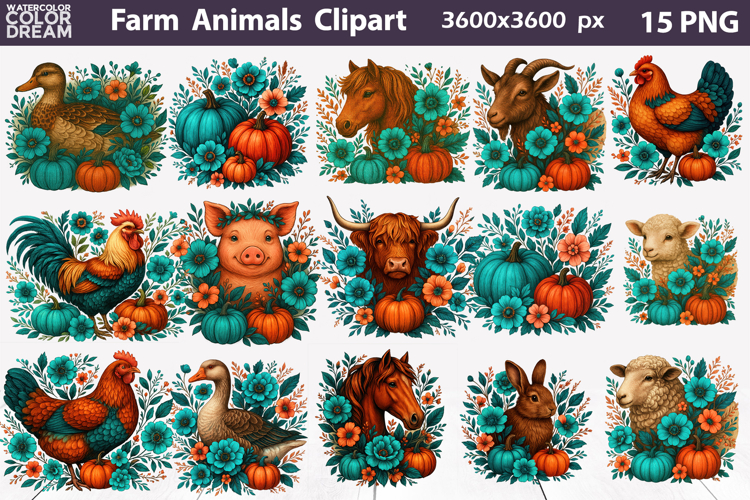 Fall Flowers Animals Pumpkin Clipart | Farm Animal Bundle