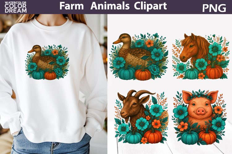 Watercolor Farm Animals Clipart | Pumpkin Floral Sublimation