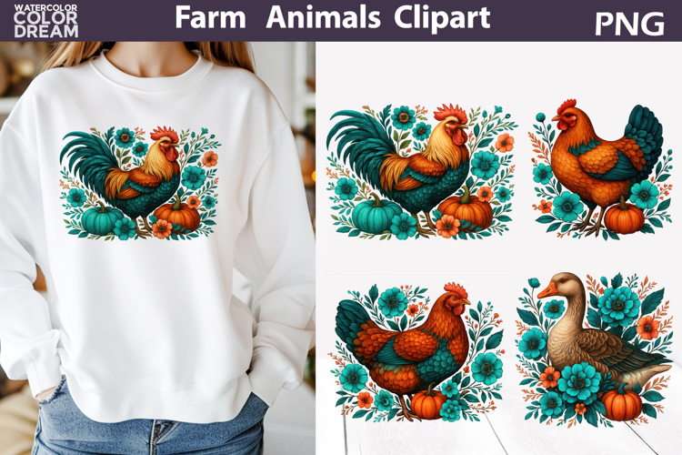 Farm Rooster Floral Clipart | Rustic Chicken Pumpkin Sublima