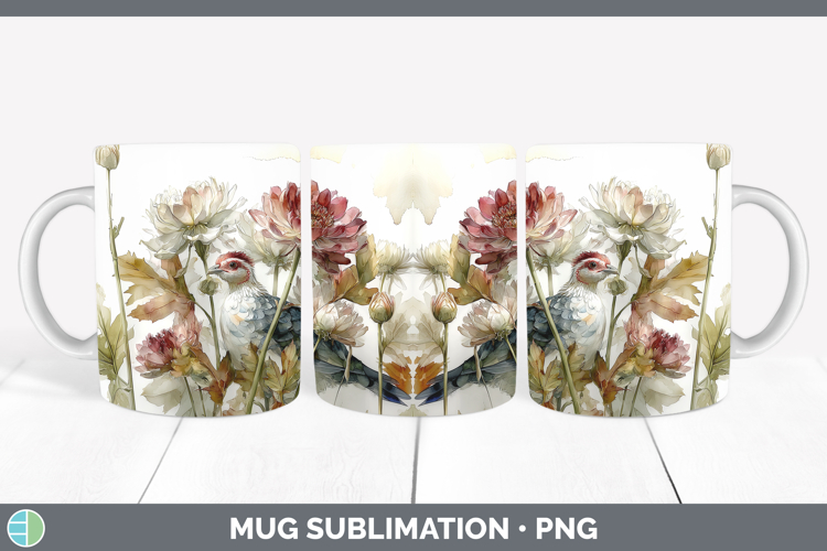 Guinea Hen Farm Autumn Floral Mug Wrap Sublimation Design