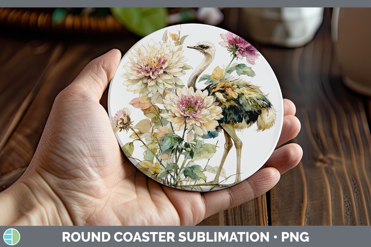 Ostrich Farm Autumn Floral Round Coaster Sublimation Design