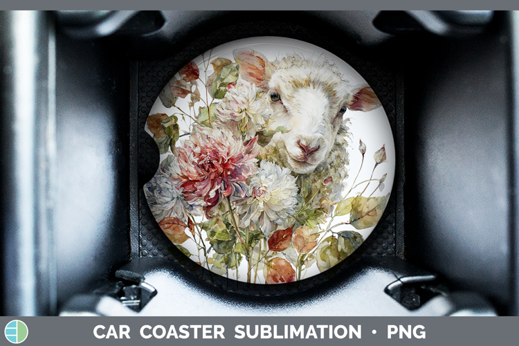 Sheep Farm Autumn Floral Car Coaster Sublimation Design
