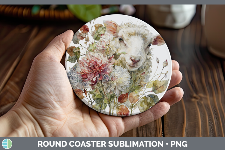 Sheep Farm Autumn Floral Round Coaster Sublimation Design