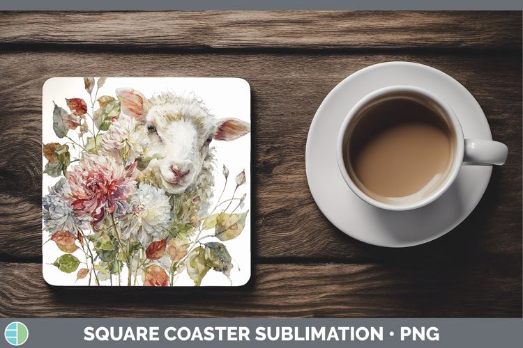 Sheep Farm Autumn Floral Square Coaster Sublimation Design