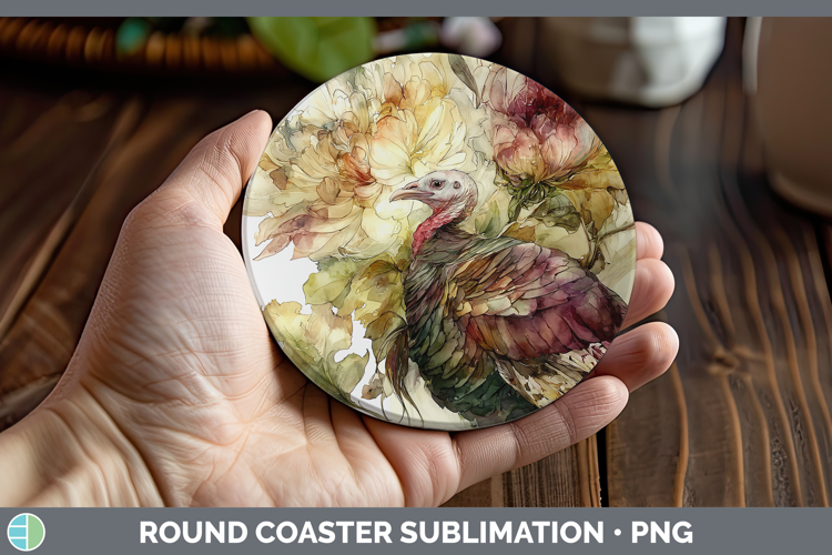 Turkey Farm Autumn Floral Round Coaster Sublimation Design