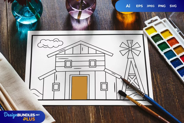Farm Barn with Windmill Coloring Page