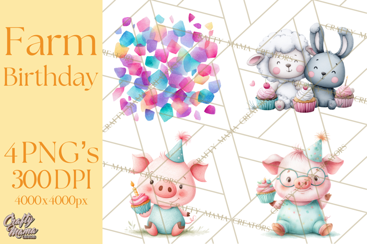 Farm Birthday Clipart PNG, Watercolor Farm Animals Birthday