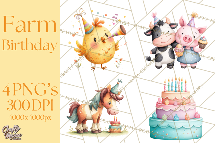 Farm Birthday Clipart PNG, Watercolor Farm Animals Birthday