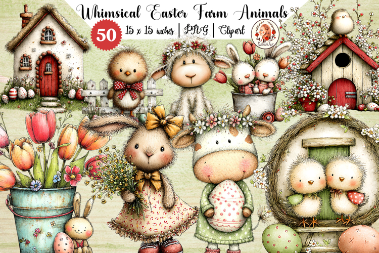 Easter Whimsical Bunny and Farm Animals Clipart Bundle