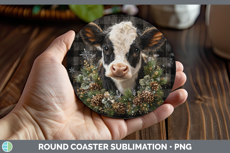 Cow Farm Checker Christmas Round Coaster Sublimation Design