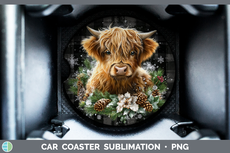 Highland Cow Farm Checker Christmas Car Coaster Sublimation