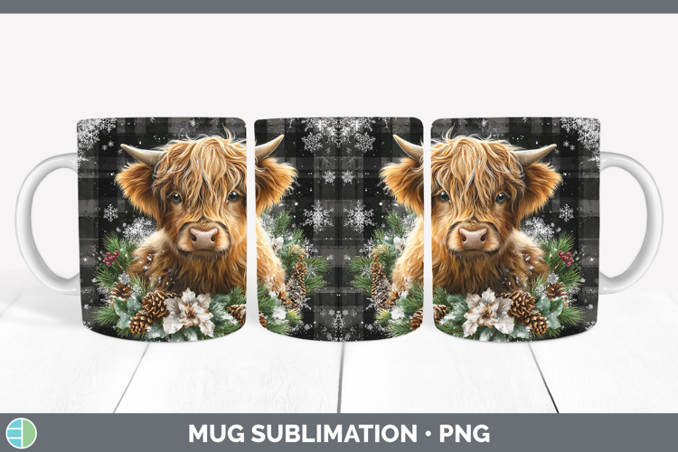 Highland Cow Farm Checker Christmas Mug Wrap Sublimation Des