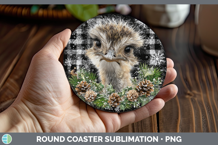 Ostrich Farm Checker Christmas Round Coaster Sublimation Des