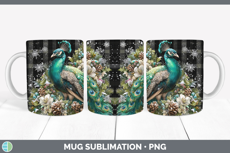 Peacock Farm Checker Christmas Mug Wrap Sublimation Design