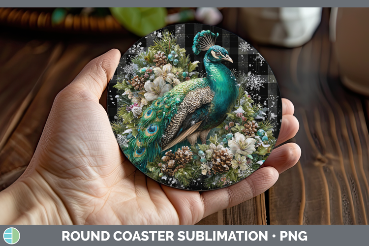 Peacock Farm Checker Christmas Round Coaster Sublimation Des