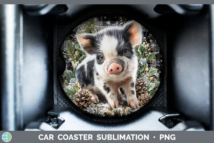 Pig Farm Checker Christmas Car Coaster Sublimation Design