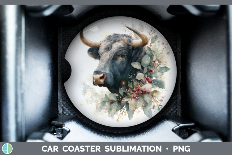 Bull Farm Christmas Botanicals Car Coaster Sublimation Desig