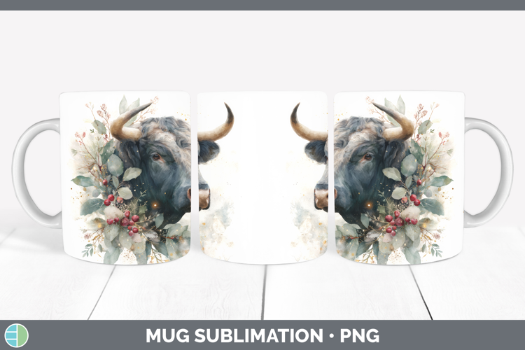 Bull Farm Christmas Botanicals Mug Wrap Sublimation Design