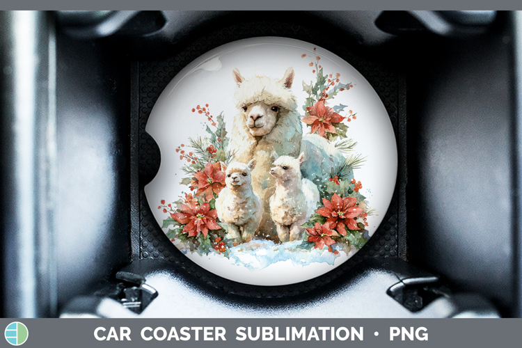 Alpaca Farm Christmas Poinsettia Car Coaster Sublimation Des