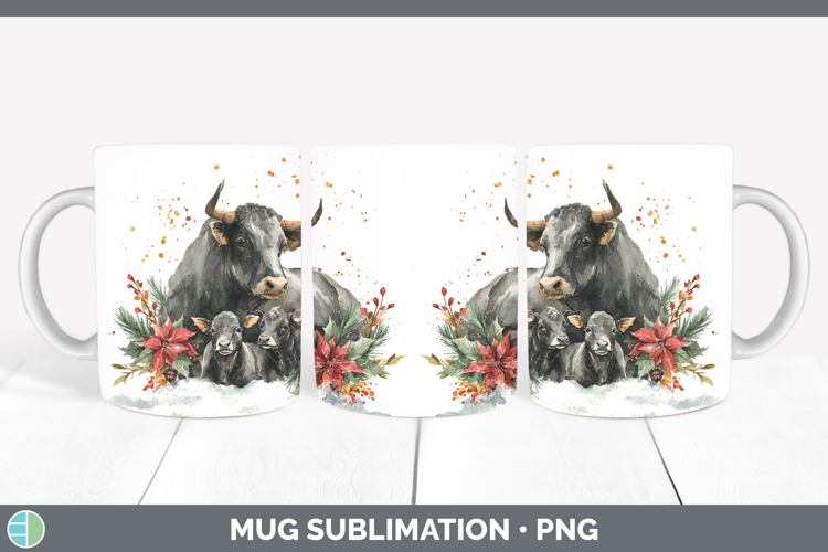 Bull Farm Christmas Poinsettia Mug Wrap Sublimation Design