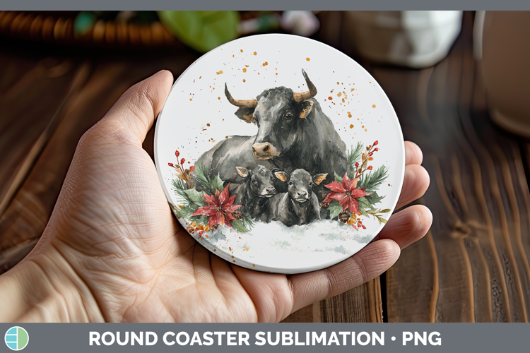 Bull Farm Christmas Poinsettia Round Coaster Sublimation Des