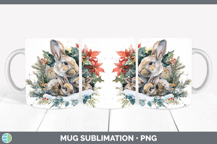 Bunny Farm Christmas Poinsettia Mug Wrap Sublimation Design