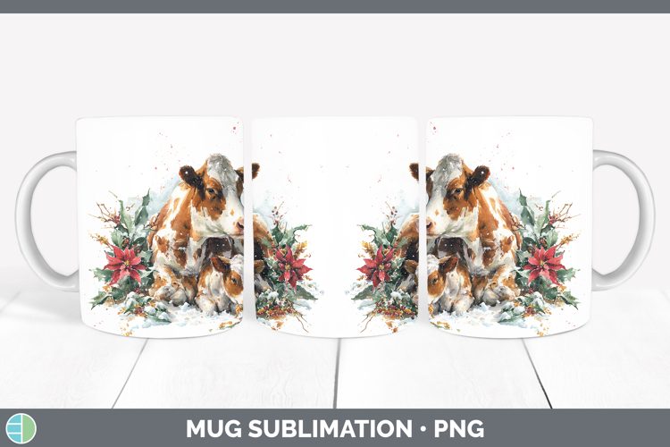 Cow Farm Christmas Poinsettia Mug Wrap Sublimation Design