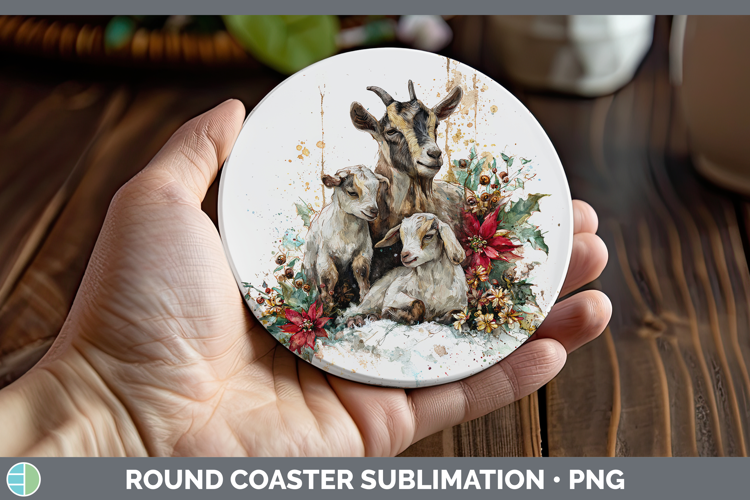 Goat Farm Christmas Poinsettia Round Coaster Sublimation Des