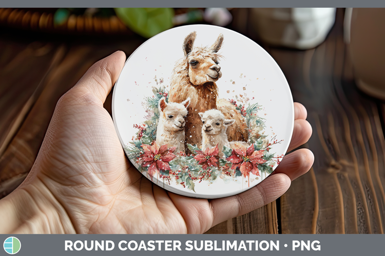 LLama Farm Christmas Poinsettia Round Coaster Sublimation De