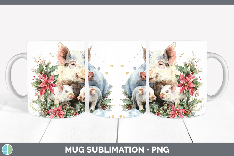 Pig Farm Christmas Poinsettia Mug Wrap Sublimation Design