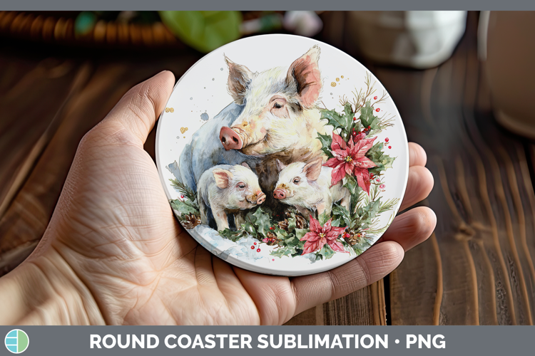 Pig Farm Christmas Poinsettia Round Coaster Sublimation Desi
