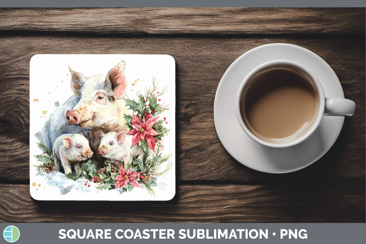 Pig Farm Christmas Poinsettia Square Coaster Sublimation Des