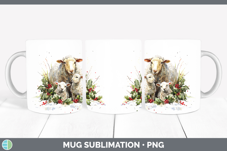 Sheep Farm Christmas Poinsettia Mug Wrap Sublimation Design