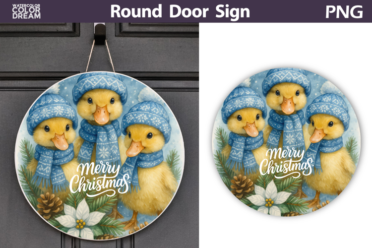 Merry Christmas Round Sign | Duck Christmas Door Sign