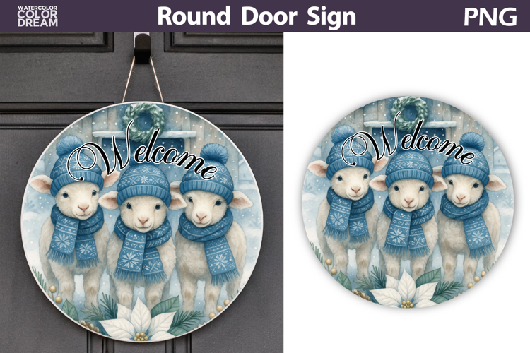 Merry Christmas Round Sign | Lamb Christmas Door Sign