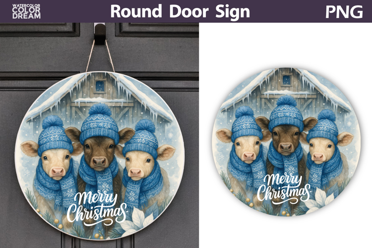 Merry Christmas Round Sign | Cow Christmas Door Sign